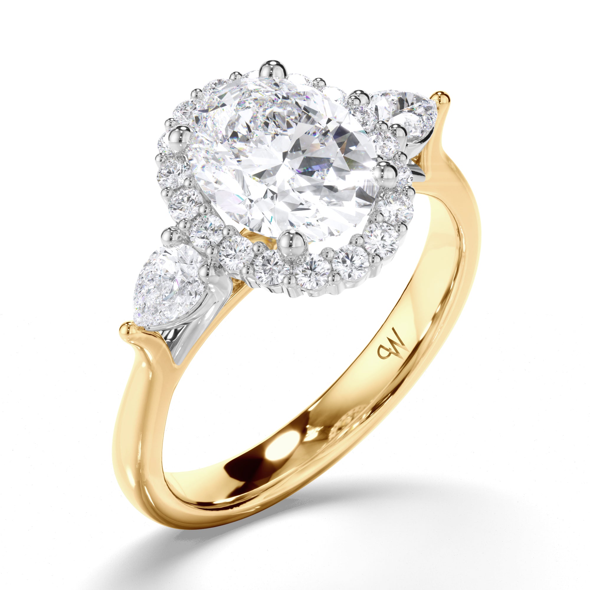Oval Diamond Engagement Ring with Halo and Pear Sides