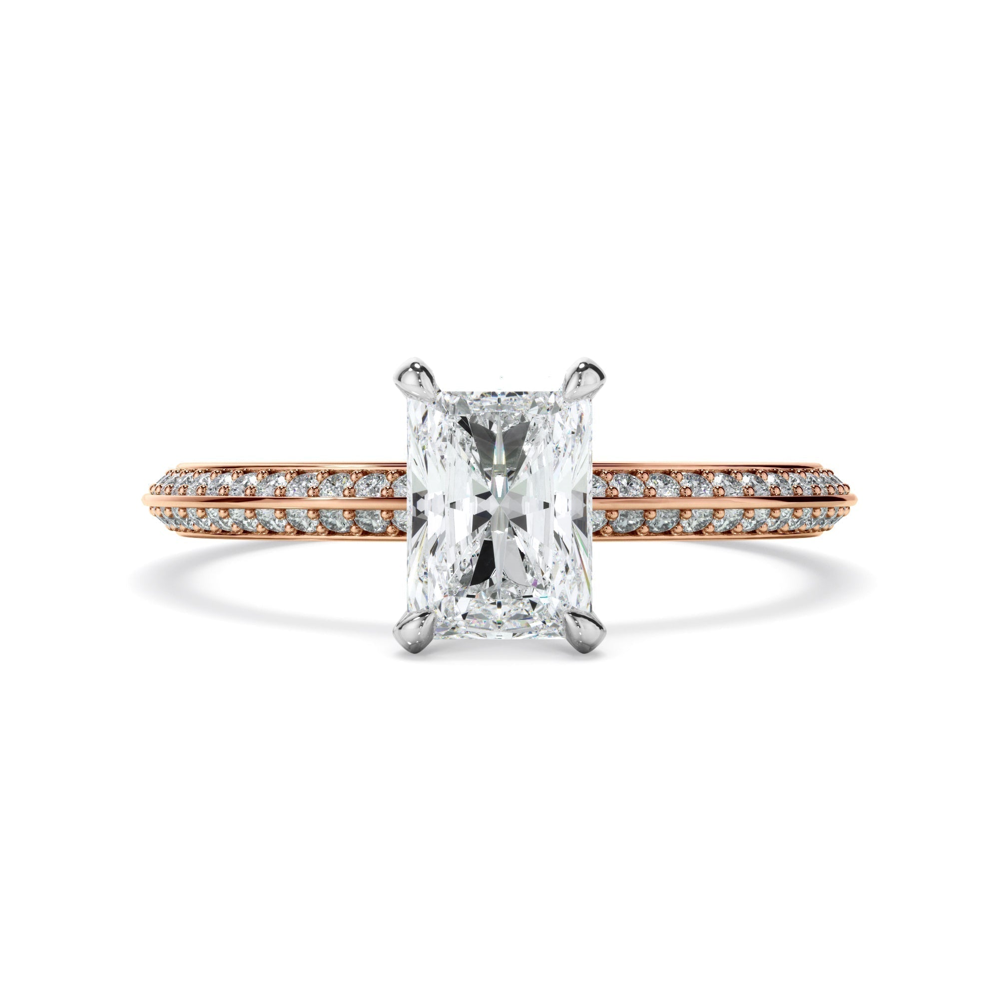 Radiant Cut Diamond Knife Edge Engagement Ring With Diamond Pave Sides