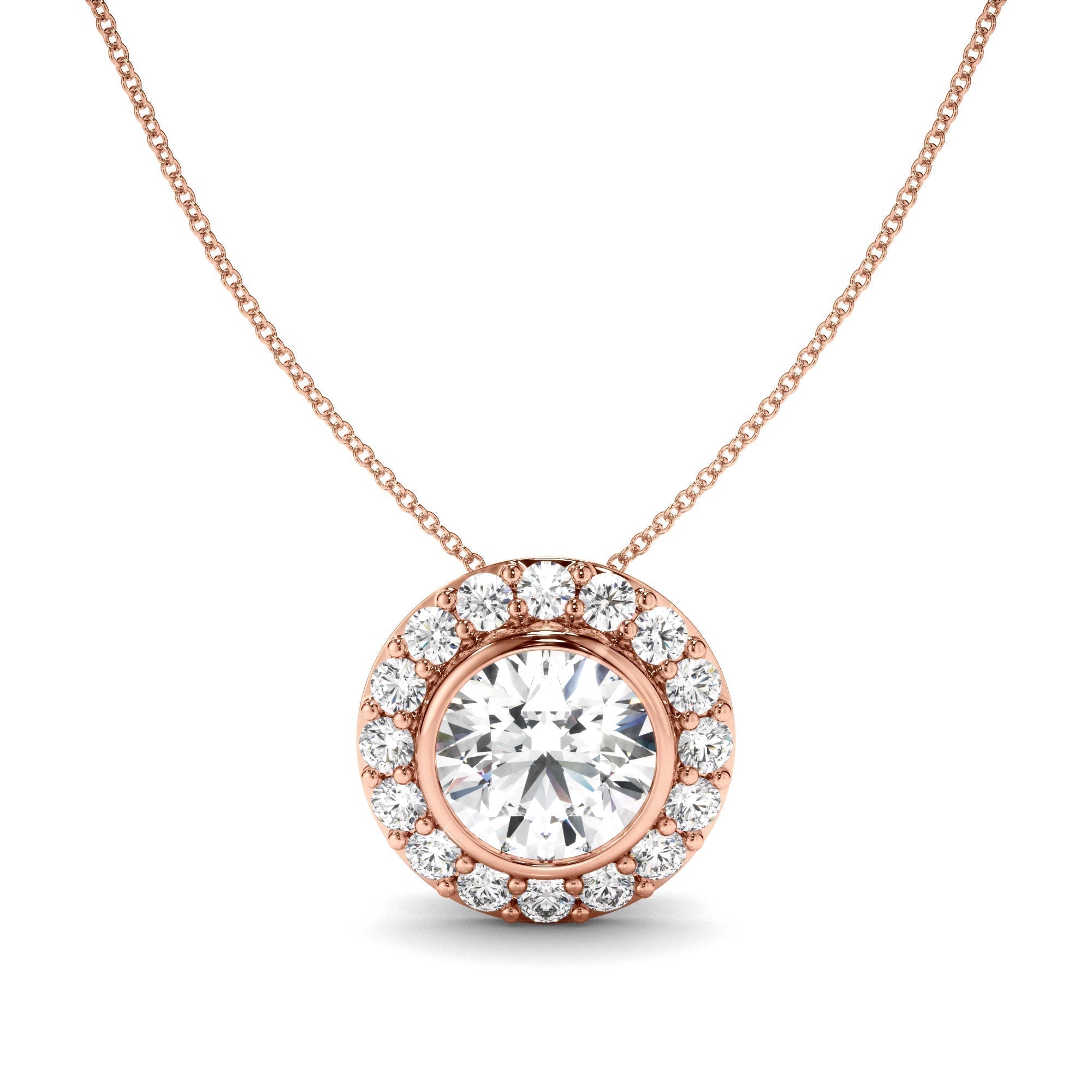 Round Brilliant Cut Diamond Bezel Set Halo Necklet