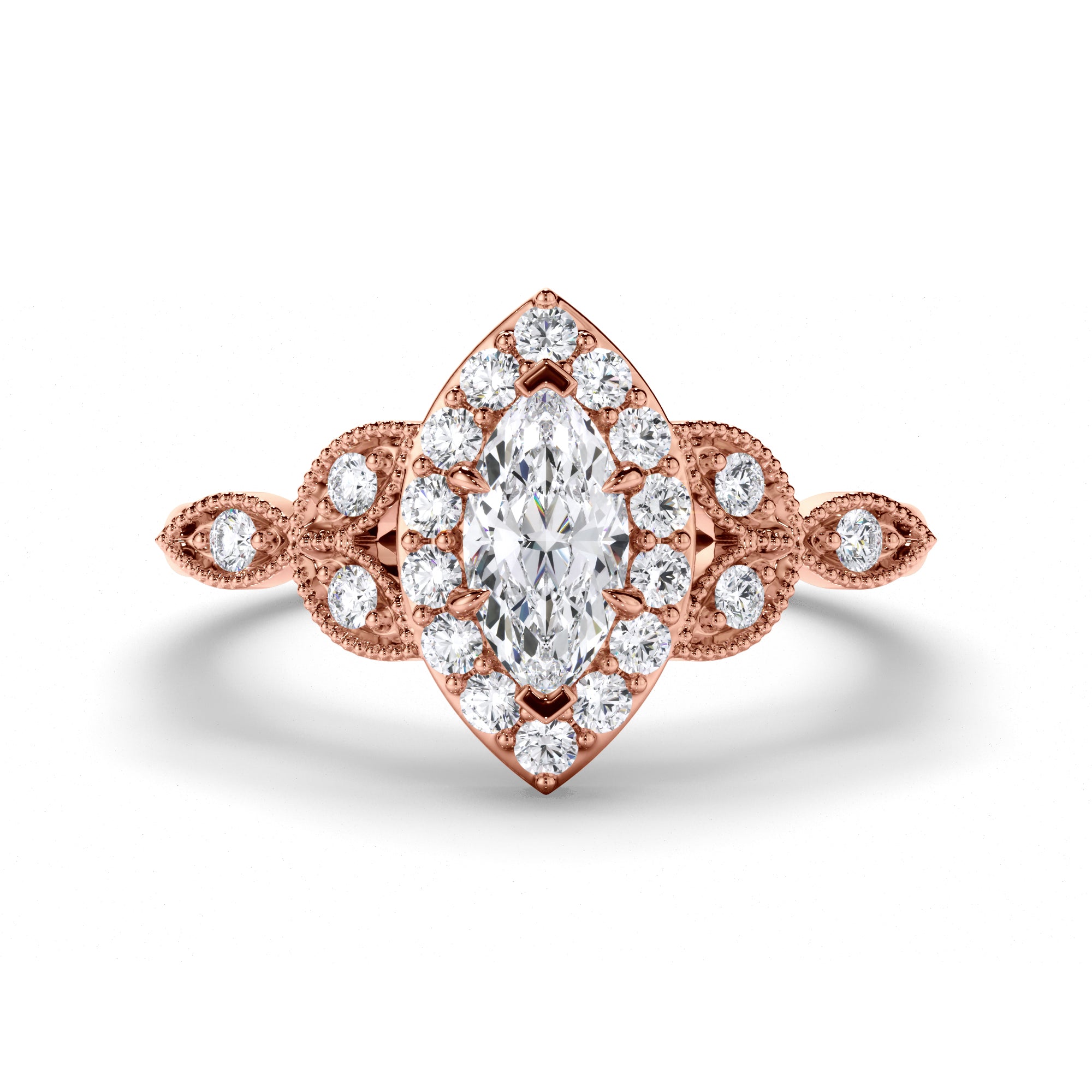 Marquise Diamond Engagement Ring with Halo and Filagree Side Detail