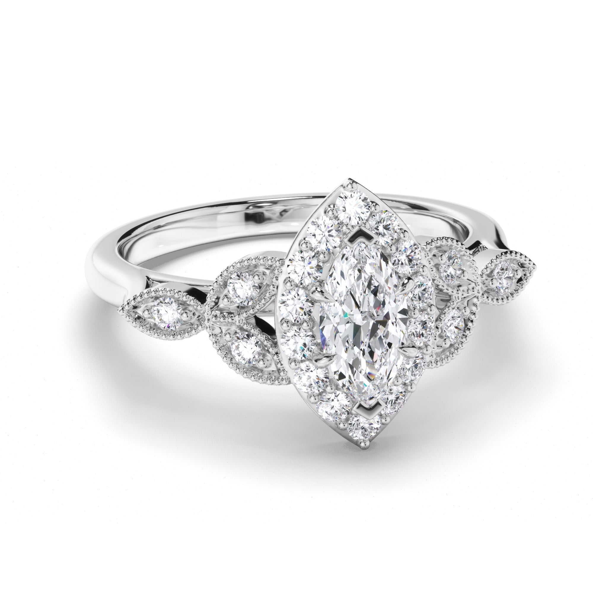 Marquise Diamond Engagement Ring with Halo and Filagree Side Detail