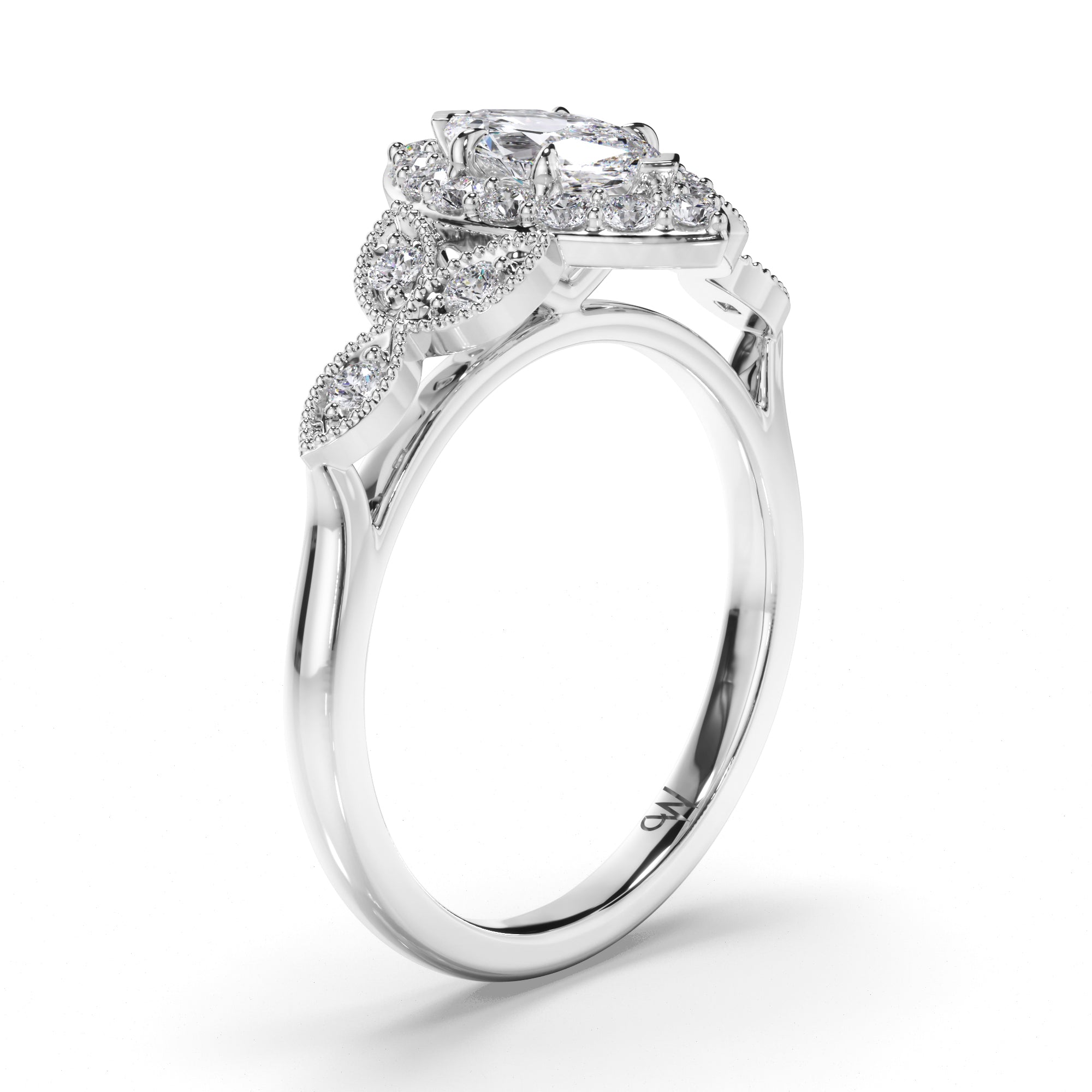 Marquise Diamond Engagement Ring with Halo and Filagree Side Detail