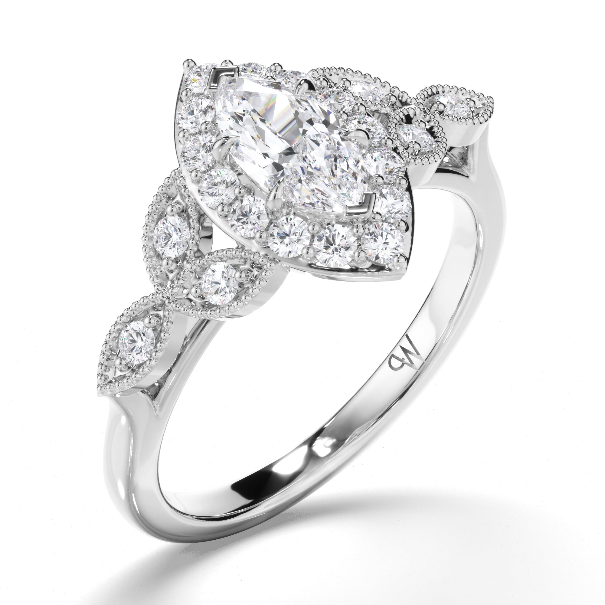 Marquise Diamond Engagement Ring with Halo and Filagree Side Detail