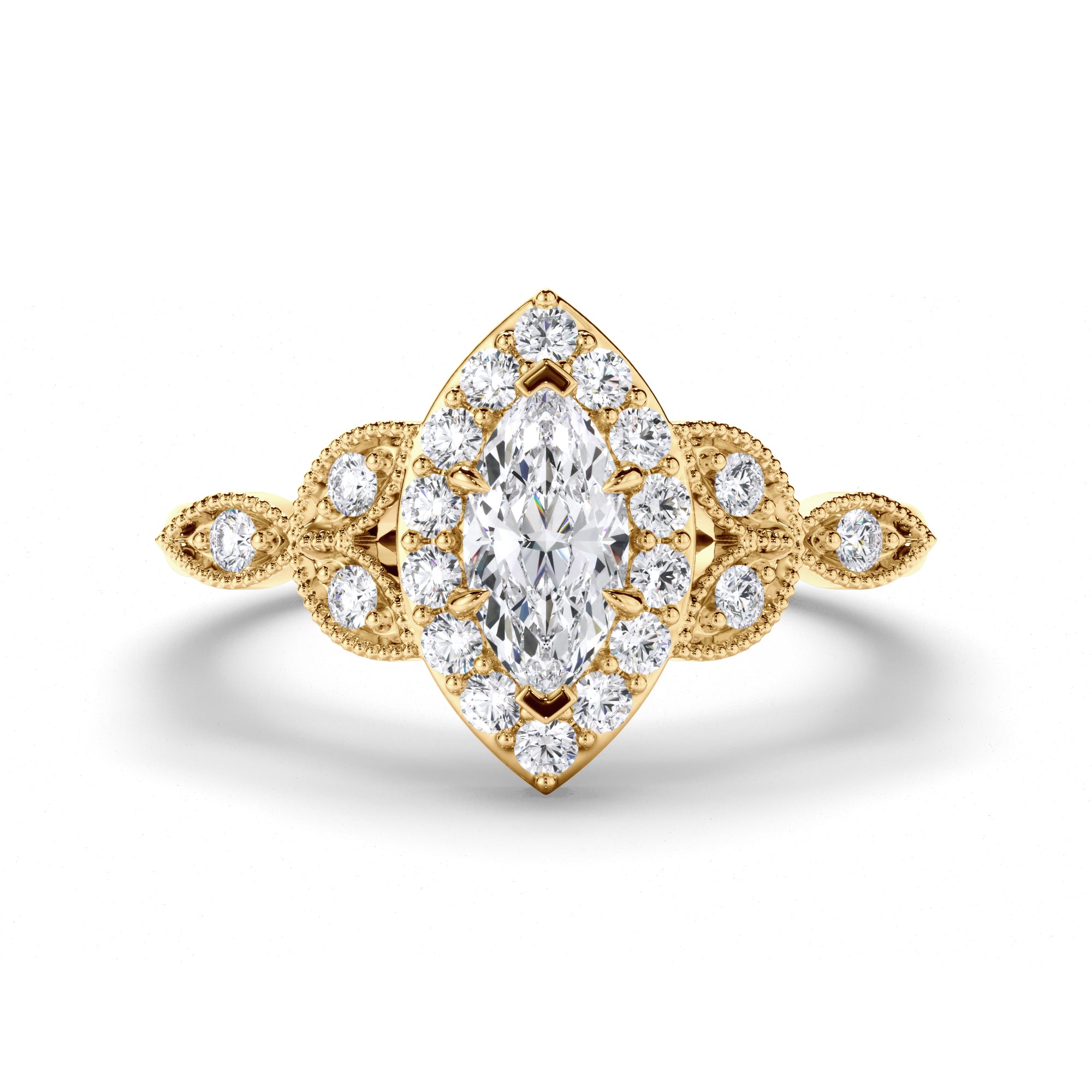 Marquise Diamond Engagement Ring with Halo and Filagree Side Detail