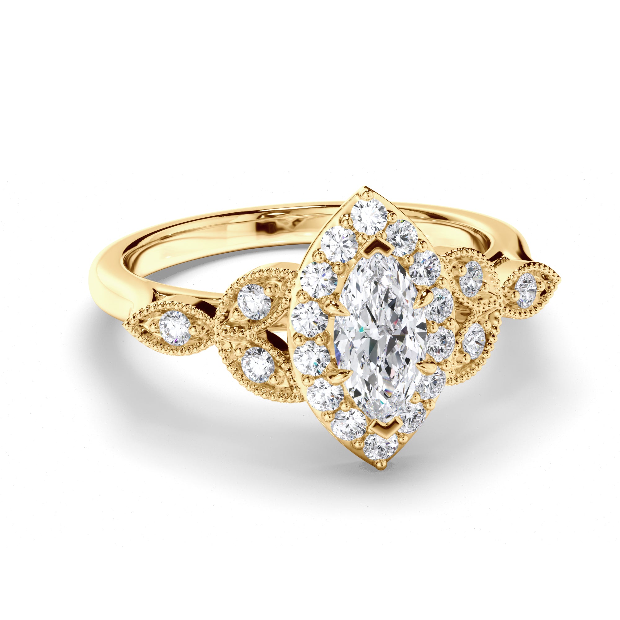 Marquise Diamond Engagement Ring with Halo and Filagree Side Detail