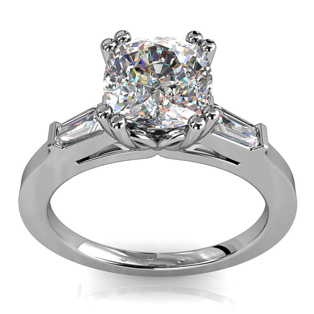 Asscher Cut Solitaire Diamond Engagement Ring, 4 Double Claws with Tapered Baguette Side Stones.