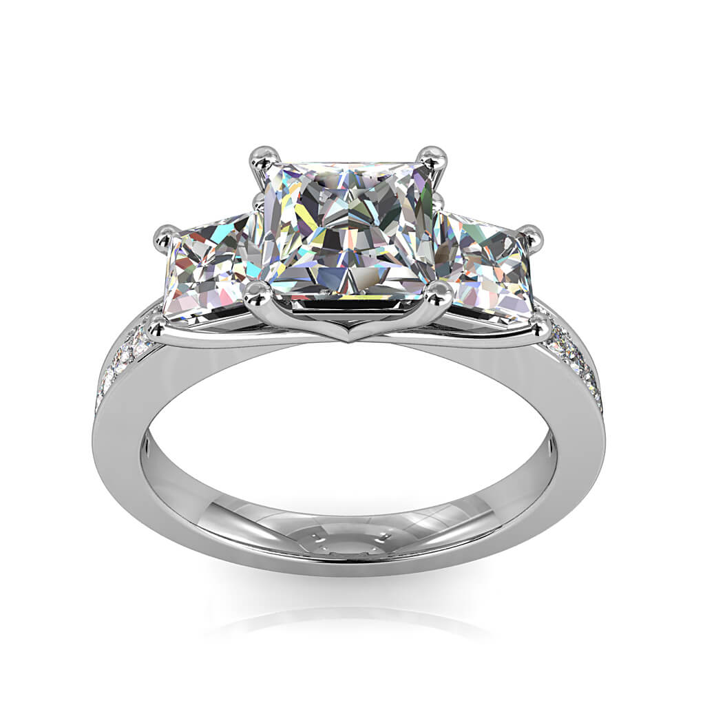 Princess Cut Trilogy Diamond Engagement Ring, on a Bead Set Band.