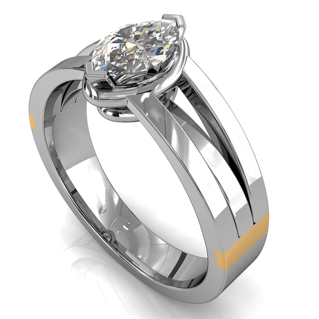 Marquise Cut Solitaire Diamond Engagement Ring, V End Claws Raised Set on a Three Split Band.
