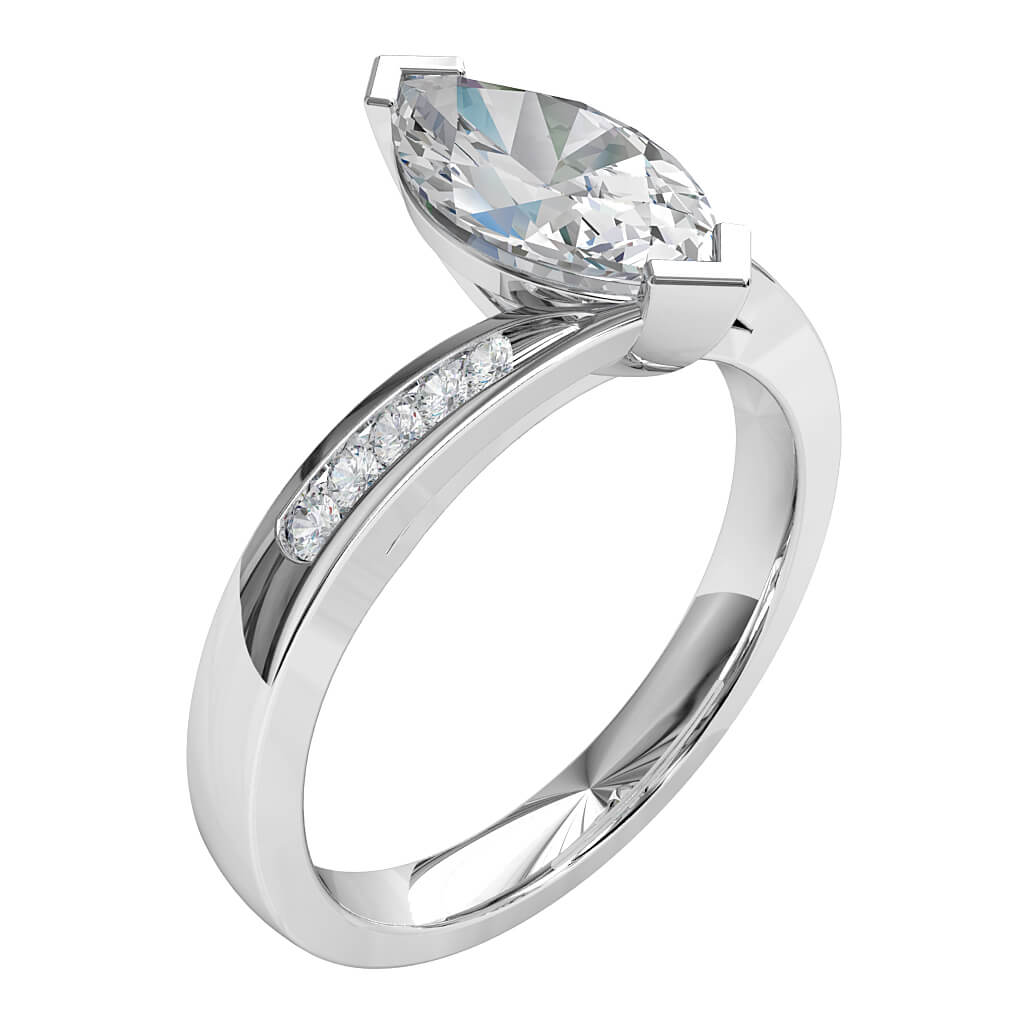 Marquise Cut Solitaire Diamond Engagement Ring, V End Claw Set on a Tapered Swept Channel Set Band.