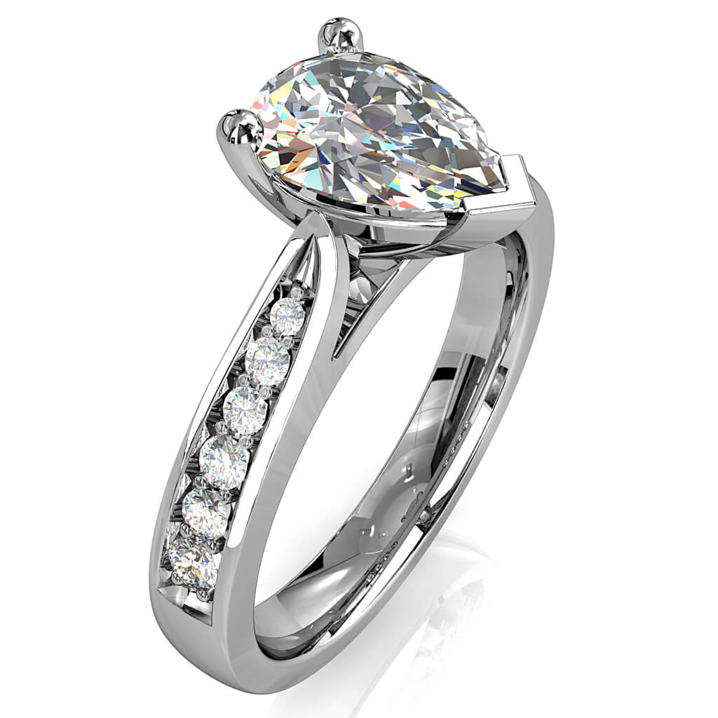 Pear Shape Solitaire Diamond Engagement Ring, 3 Claw Set on a Tapered Bead Set Band with Classic Underrail Setting.