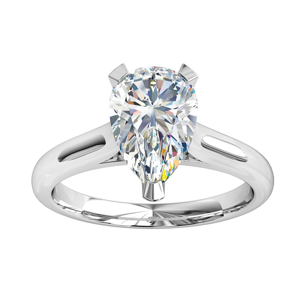 Pear Shape Solitaire Diamond Engagement Ring, 3 Square Claw Set on Rounded Band with Classic Underrail Setting.