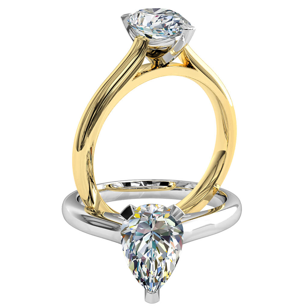 Pear Shape Solitaire Diamond Engagement Ring, 3 Square Claw Set on Rounded Band with Classic Underrail Setting.