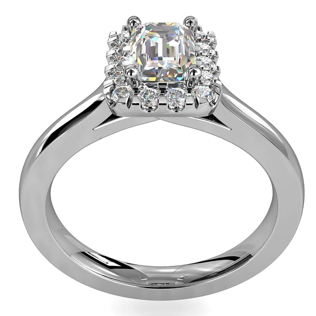 Emerald Cut Halo Diamond Engagement Ring, Cut Claw Halo with an Undersweep Setting.