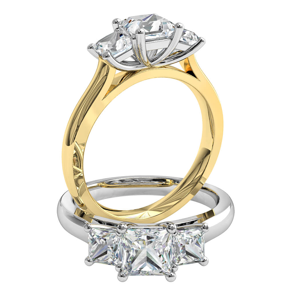 Princess Cut Trilogy Diamond Engagement Ring, with a Classic Underrail Setting.