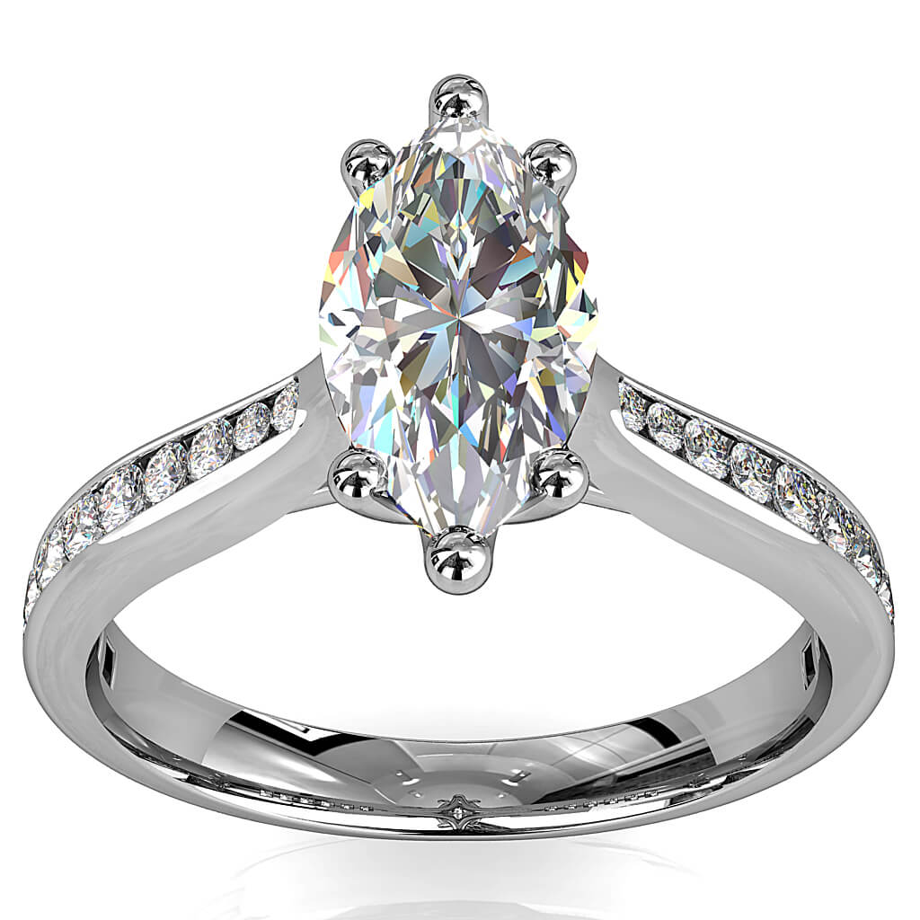 Marquise Cut Solitaire Diamond Engagement Ring, 6 Claw Set on a Tapered Channel Set Band.