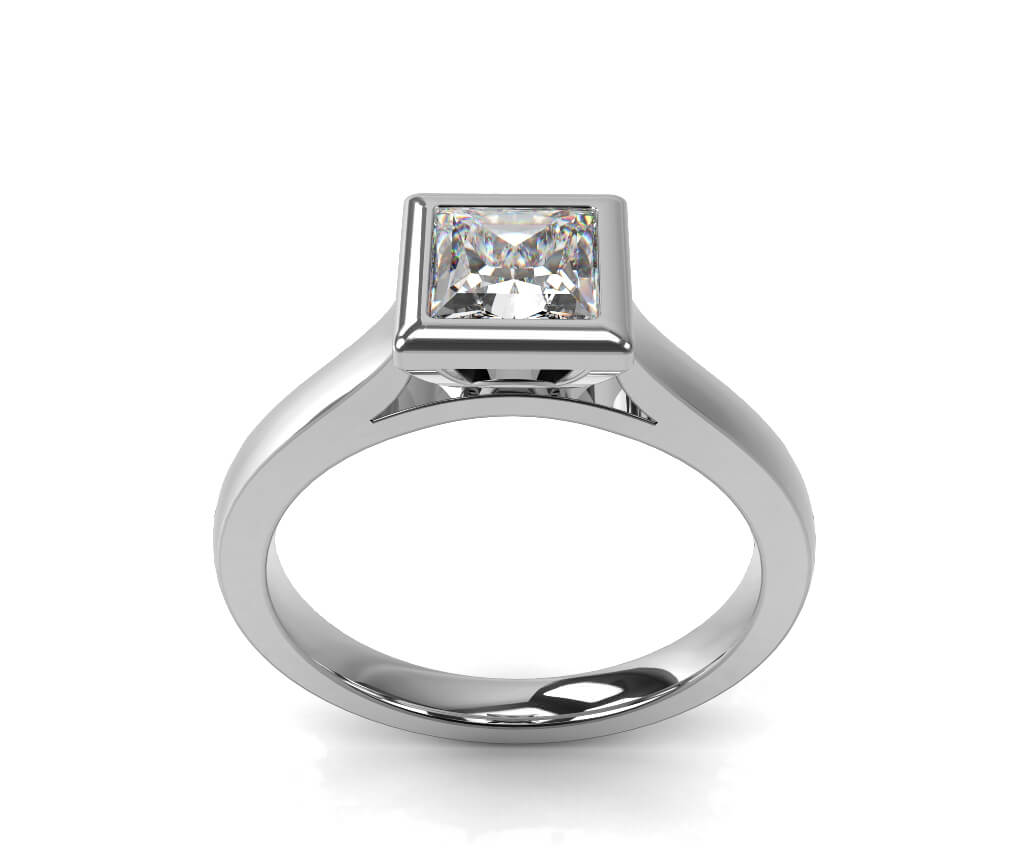 Princess Cut Solitaire Diamond Engagement Ring, Bezel Set on a Flat Band.