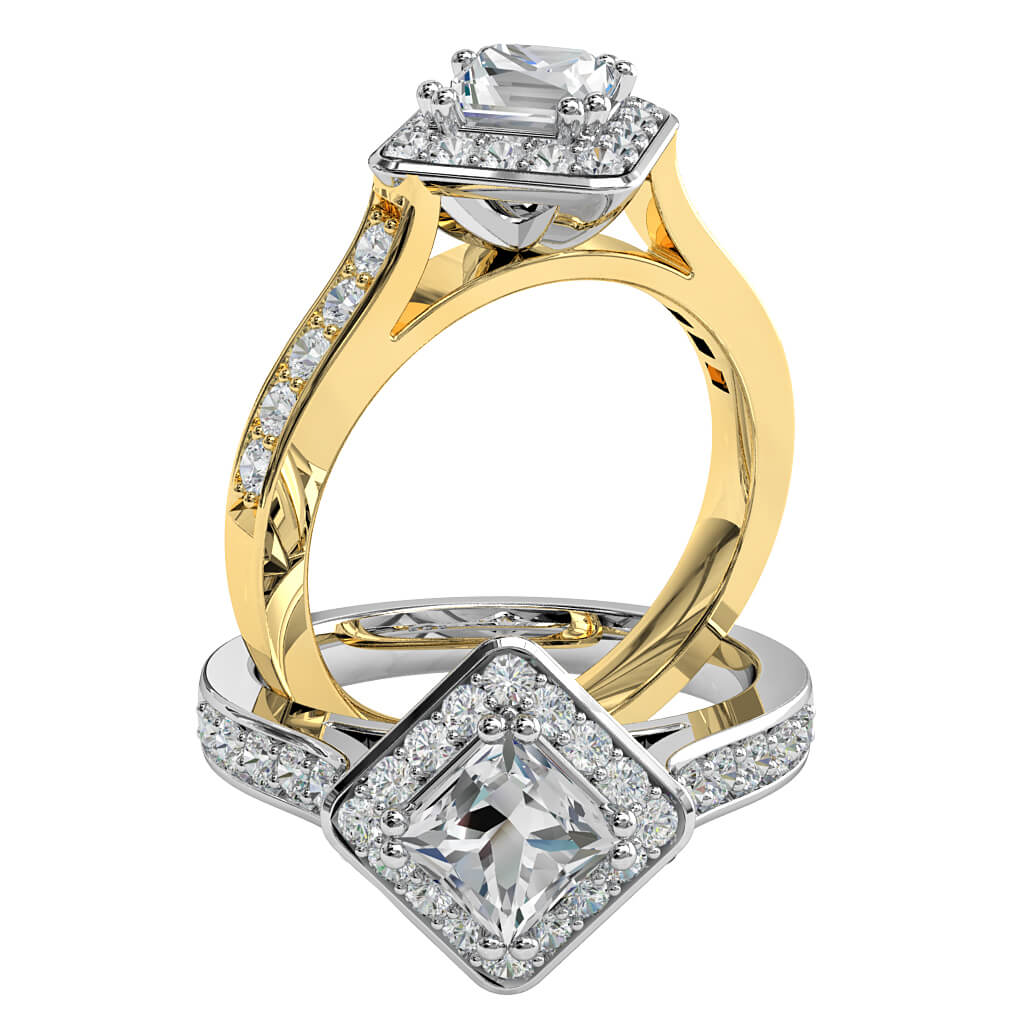 Princess Cut Halo Diamond Engagement Ring, 4 Offset Double Claws in an Offset Bead Halo on a Bead Set Band.