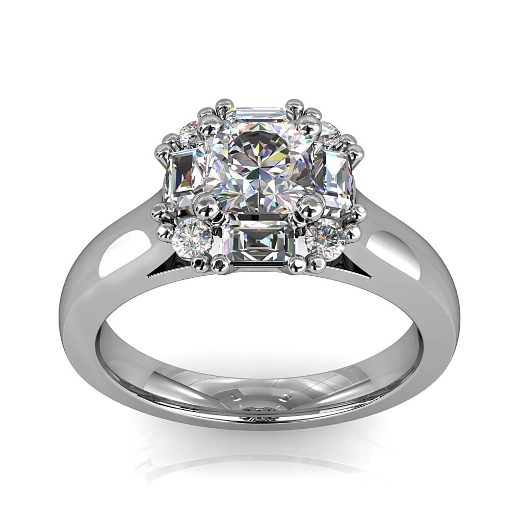 Asscher Cut Halo Diamond Engagement Ring, 4 Claw Set in a Baguette and Round Cluster Halo.