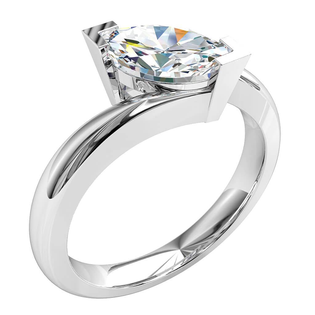 Marquise Cut Solitaire Diamond Engagement Ring, V End Claws Set on a Swept Tilted Band.