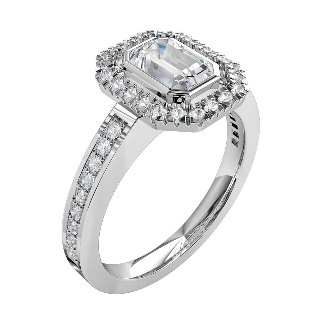 Emerald Cut Halo Diamond Engagement Ring, Bezel Set in a Cut Claw Halo on a Bead Set Band.