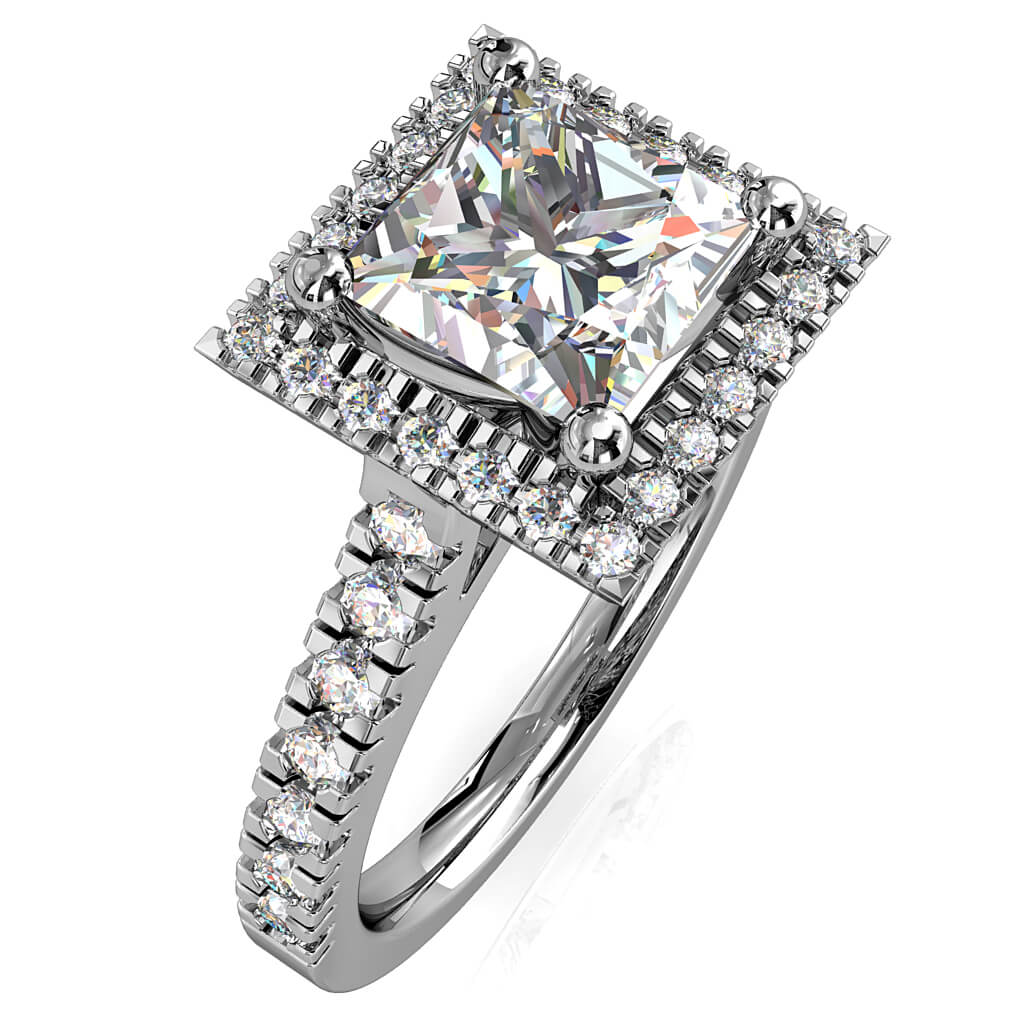 Princess Cut Halo Diamond Engagement Ring, 4 Claw Set with a Cut Claw Halo and Band.