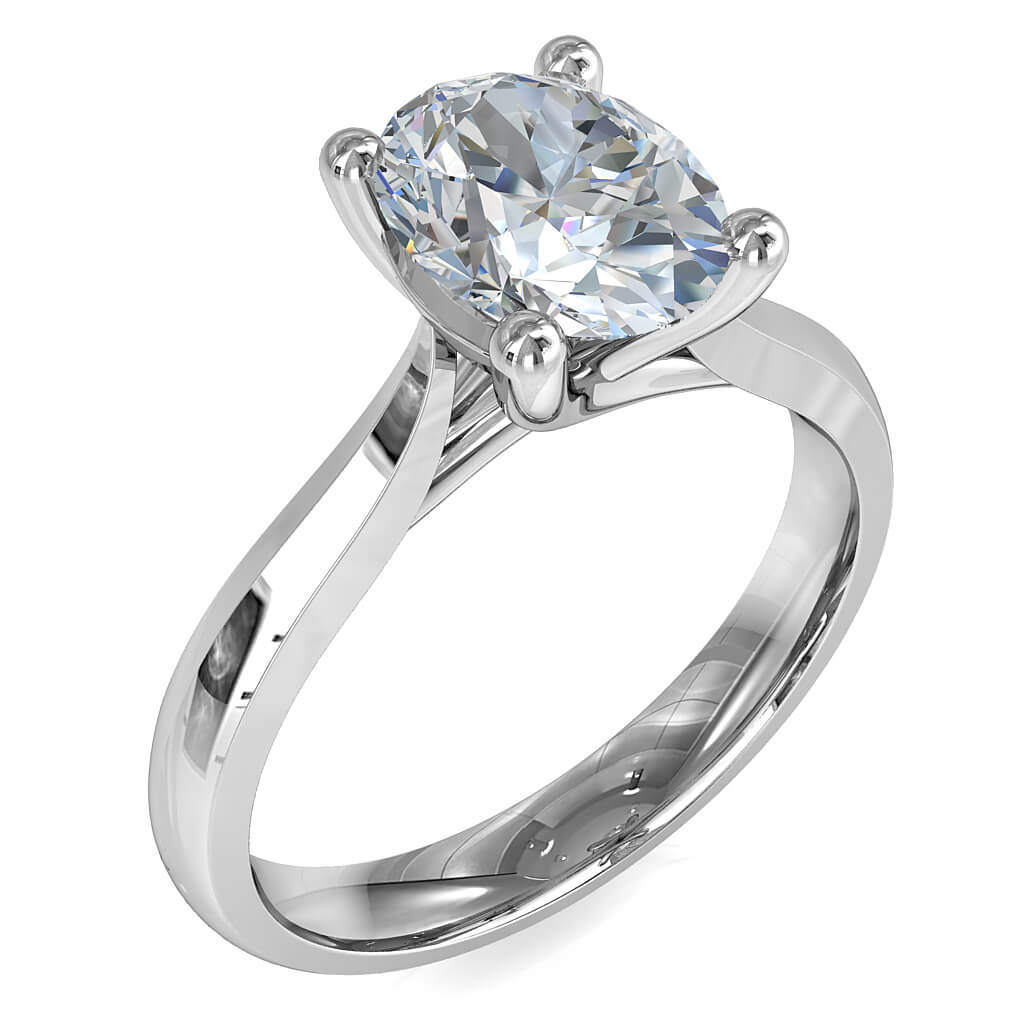 Oval Cut Solitaire Diamond Engagement Ring, on a Tapered Polished Band with an Undersweep Setting.