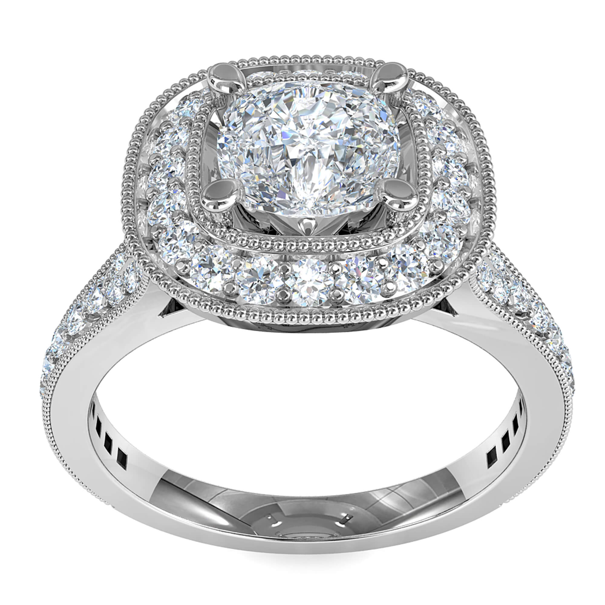 Asscher Cut Halo Diamond Engagement Ring, 4 Pear Claws set in Milgrain Bead Set Halo with Milgrain Bead Set Split Diamond Band.