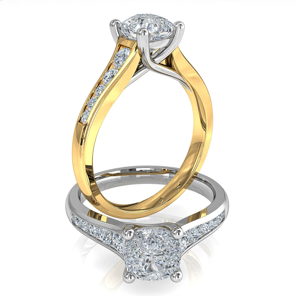 Asscher Cut Solitaire Diamond Engagement Ring, 4 Claw Set on a Reverse Tapered Channel Set Band with Undersweep Setting.