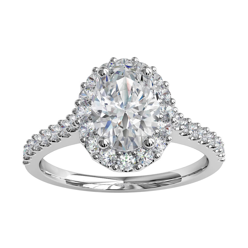 Oval Cut Diamond Engagement Ring, Cut Claw Halo and Band with Classic Underrail Setting.