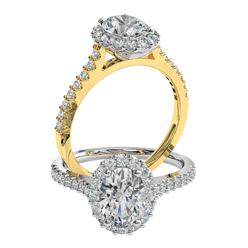 Oval Cut Diamond Engagement Ring, Cut Claw Halo and Band with Classic Underrail Setting.