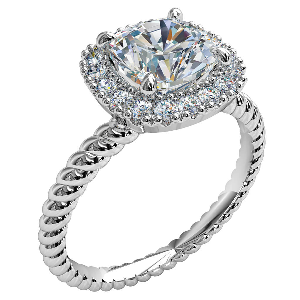 Cushion Cut Halo Diamond Engagement Ring, 4 Pear Claws Set in a Cut Claw Halo on a Twisted Rope Band.