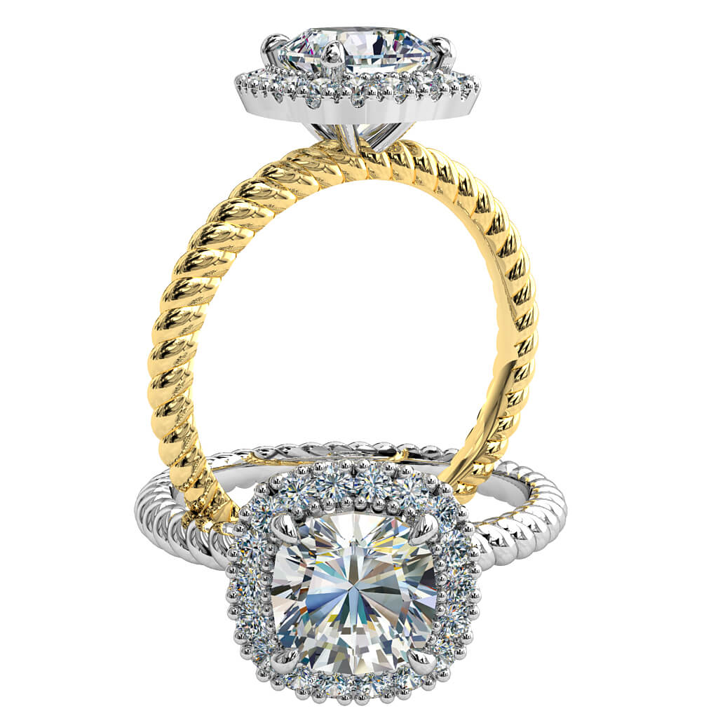 Cushion Cut Halo Diamond Engagement Ring, 4 Pear Claws Set in a Cut Claw Halo on a Twisted Rope Band.