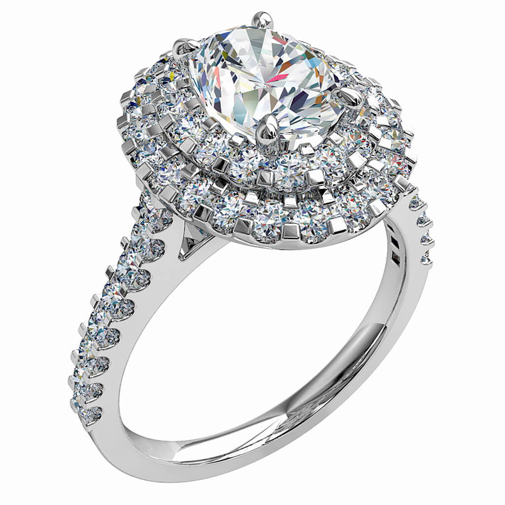 Oval Cut Diamond Engagement Ring, Double Cut Claw Halo on a Cut Claw Band.