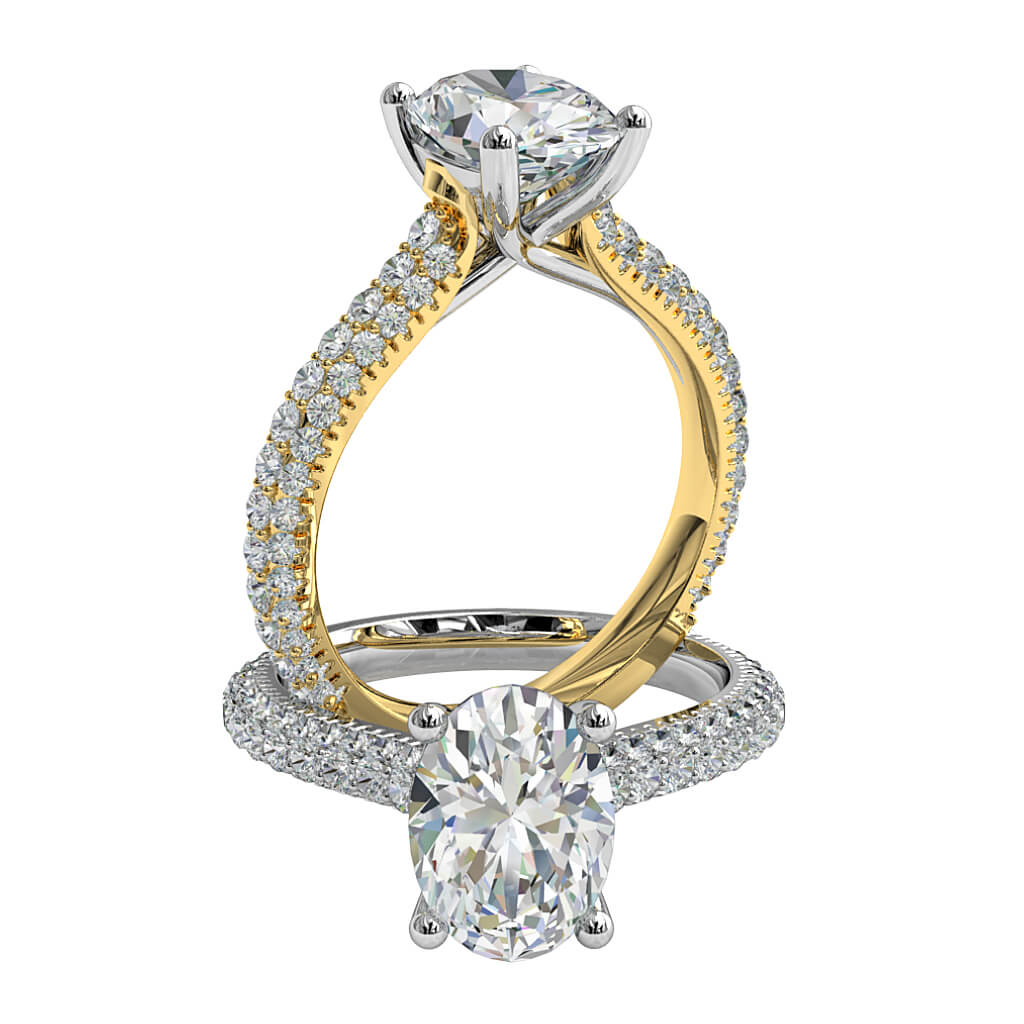 Oval Cut Solitaire Diamond Engagement Ring, 4 Claw Set on a Pave Set Band with an Undersweep Setting.