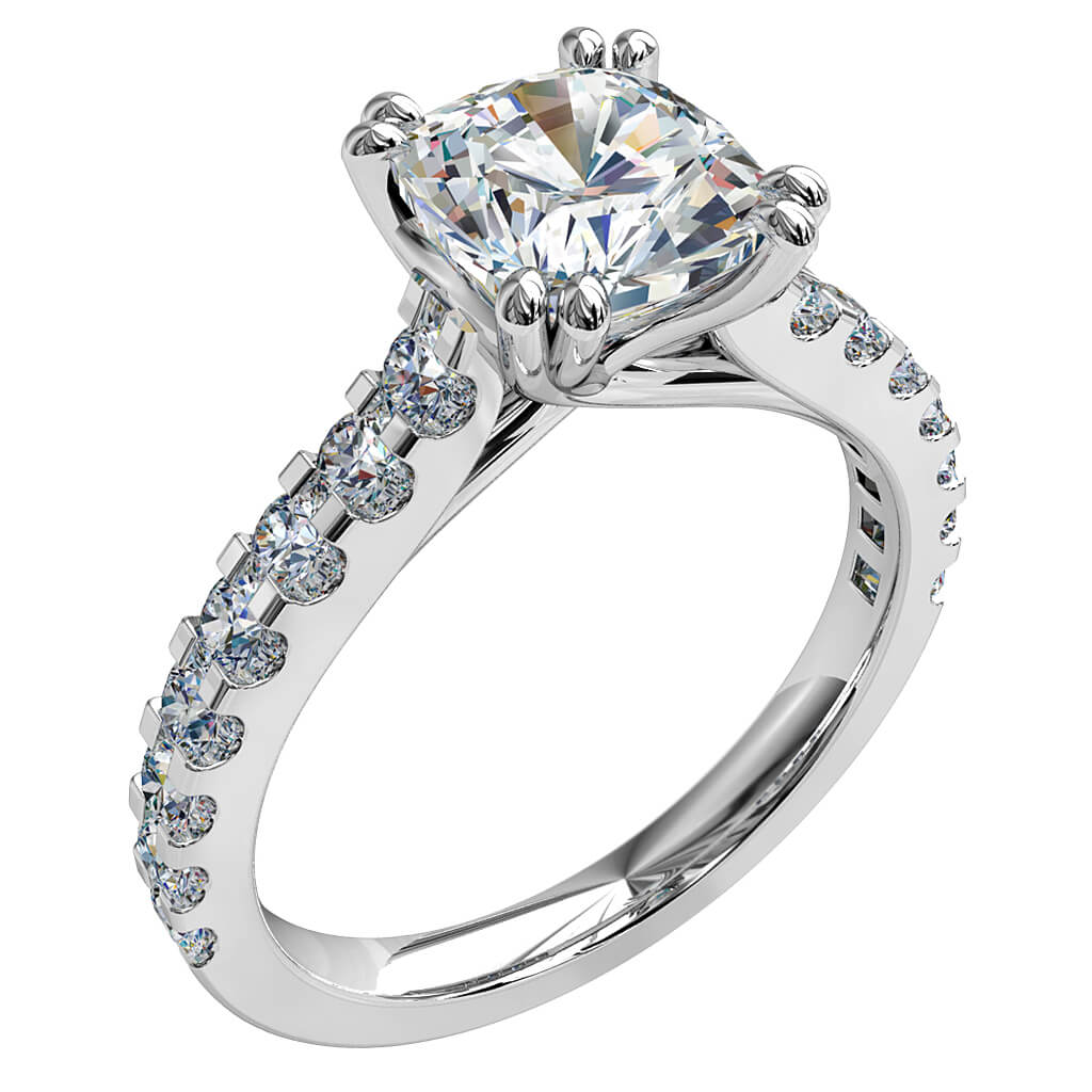 Cushion Cut Solitaire Diamond Engagement Ring, 4 Double Claw Set on a Cut Claw Band with an Undersweep Setting.