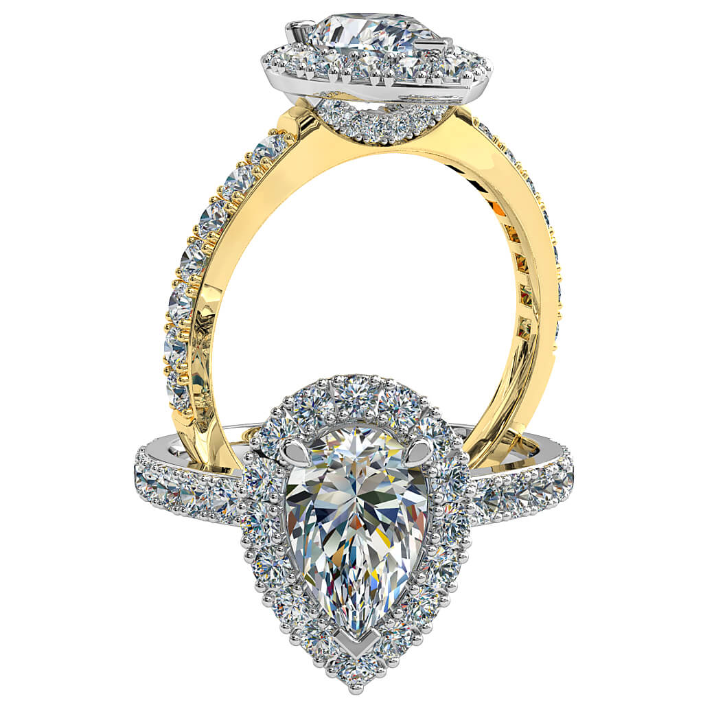 Pear Shape Diamond Engagement Ring, 3 Claw Set in Cut Claw Halo on a Cut Claw Band with a Diamond Curved Undersetting.