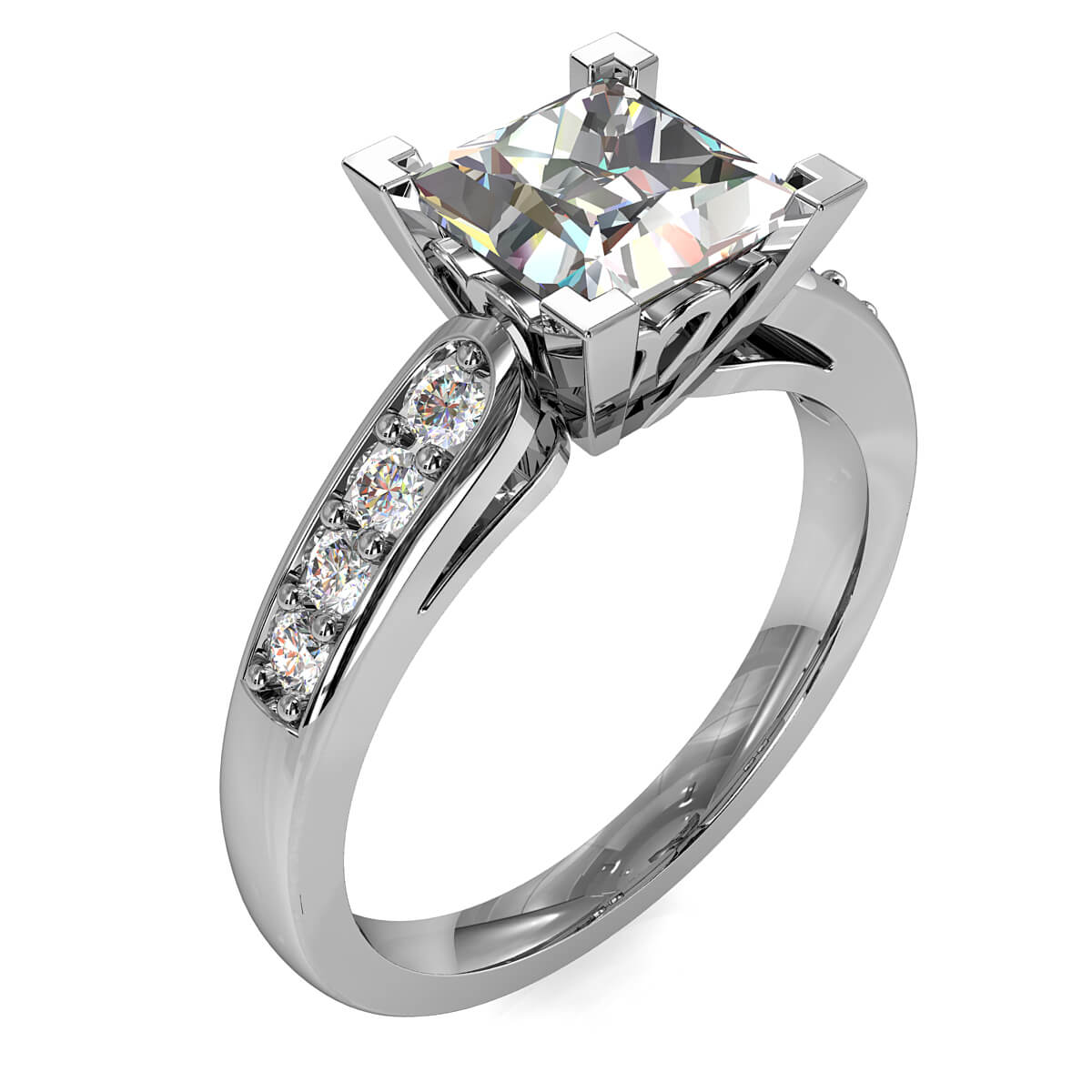 Princess Cut Solitaire Diamond Engagement Ring, 4 Corner Claws on a Bead Set Band with Lotus Support Bar.
