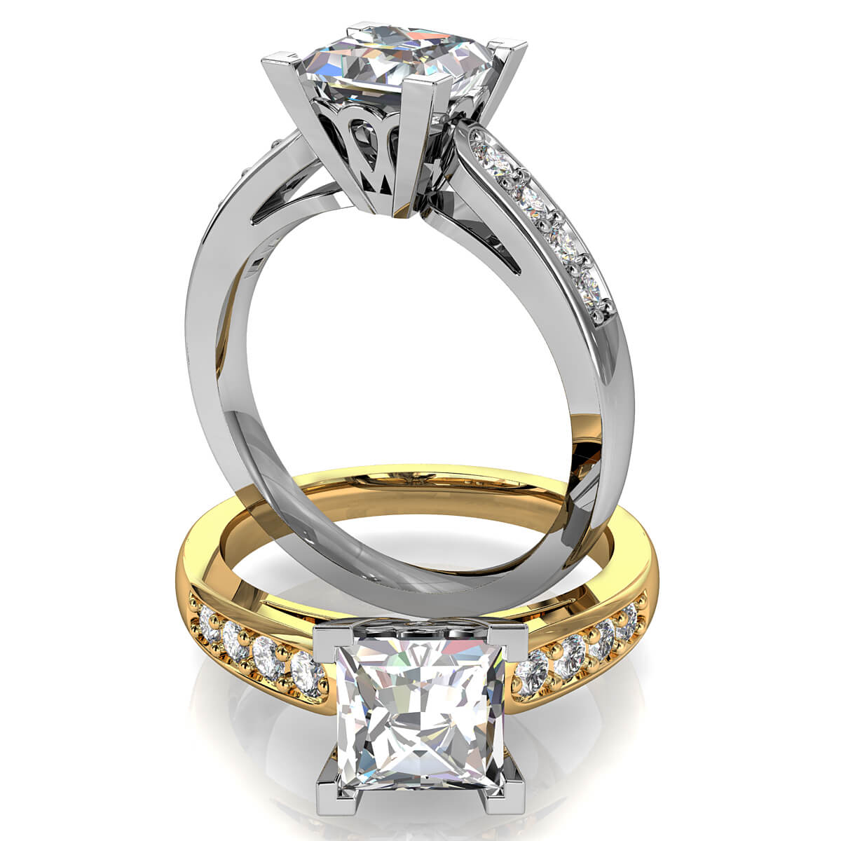 Princess Cut Solitaire Diamond Engagement Ring, 4 Corner Claws on a Bead Set Band with Lotus Support Bar.