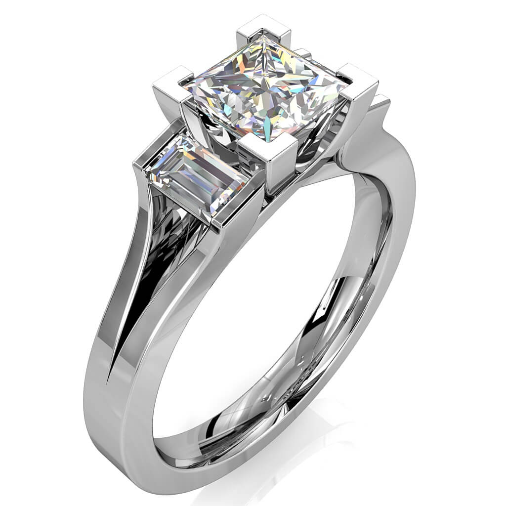 Princess Cut Trilogy Diamond Engagement Ring, with Baguette Sides on a Split Band.