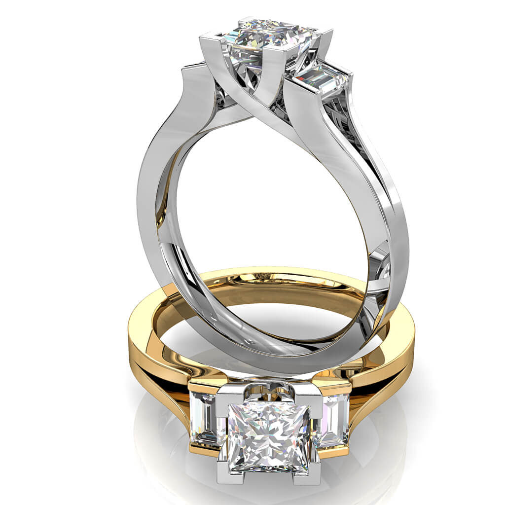 Princess Cut Trilogy Diamond Engagement Ring, with Baguette Sides on a Split Band.