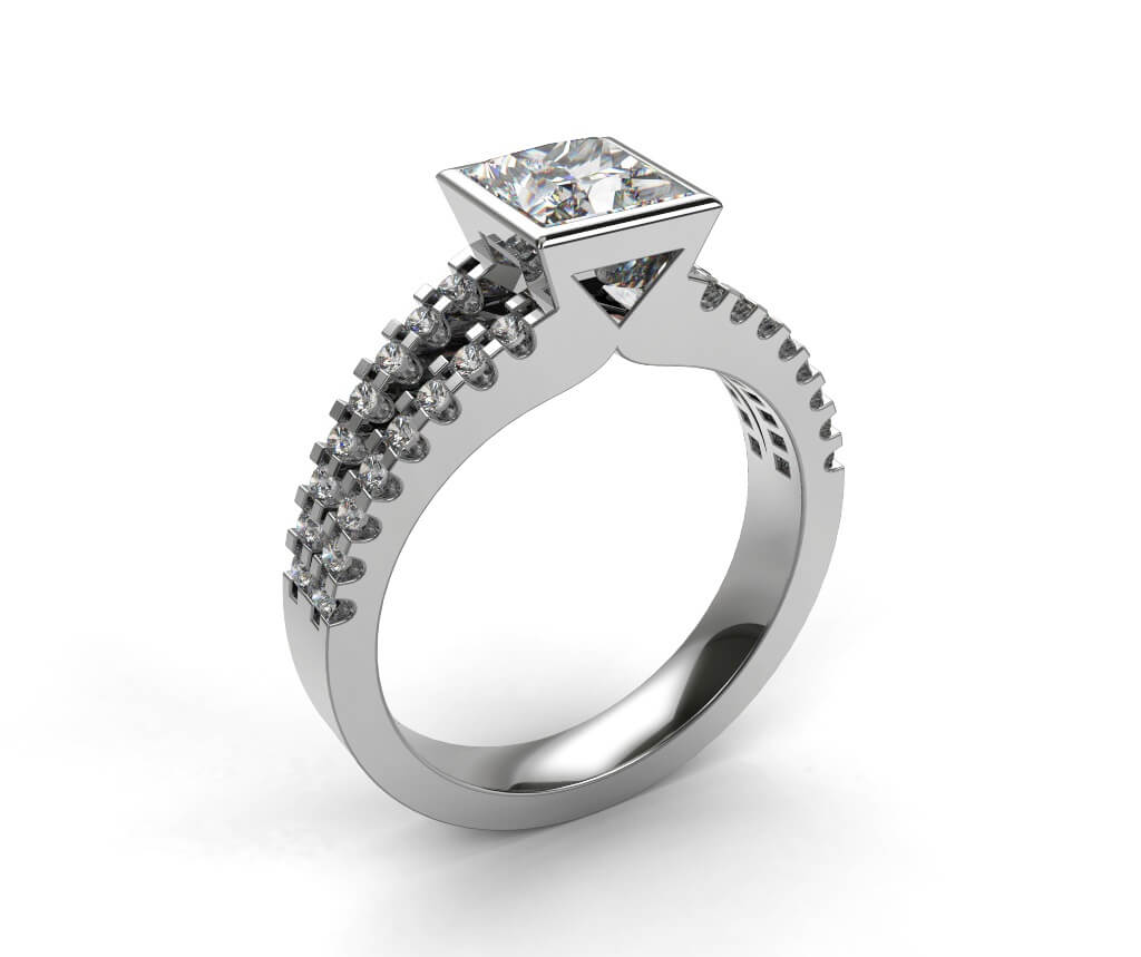 Princess Cut Solitaire Diamond Engagement Ring, Bezel Set on a Diamond Set Split Band.