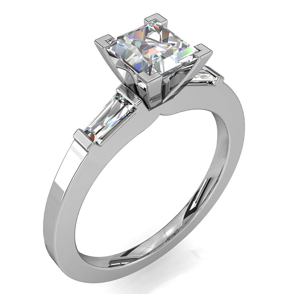 Princess Cut Solitaire Diamond Engagement Ring, 4 Corner Claws and Tapered Baguette Side Stones.