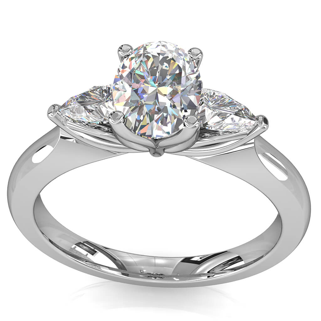 Oval Cut Trilogy Diamond Engagement Ring, with Pear Shape Side Stones and Lotus Setting Detail.