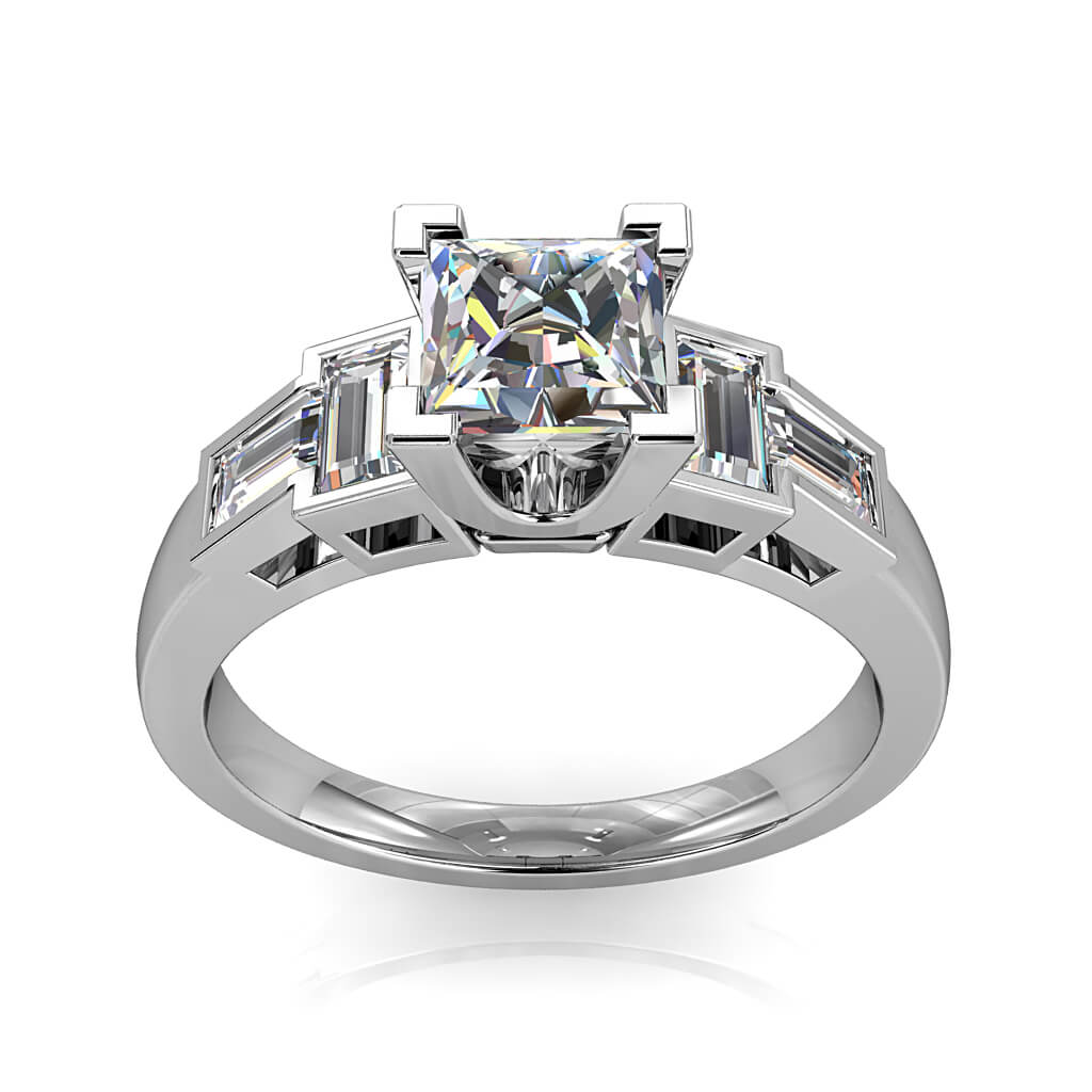 Princess Cut Trilogy Diamond Engagement Ring, with Baguette Side Stones.
