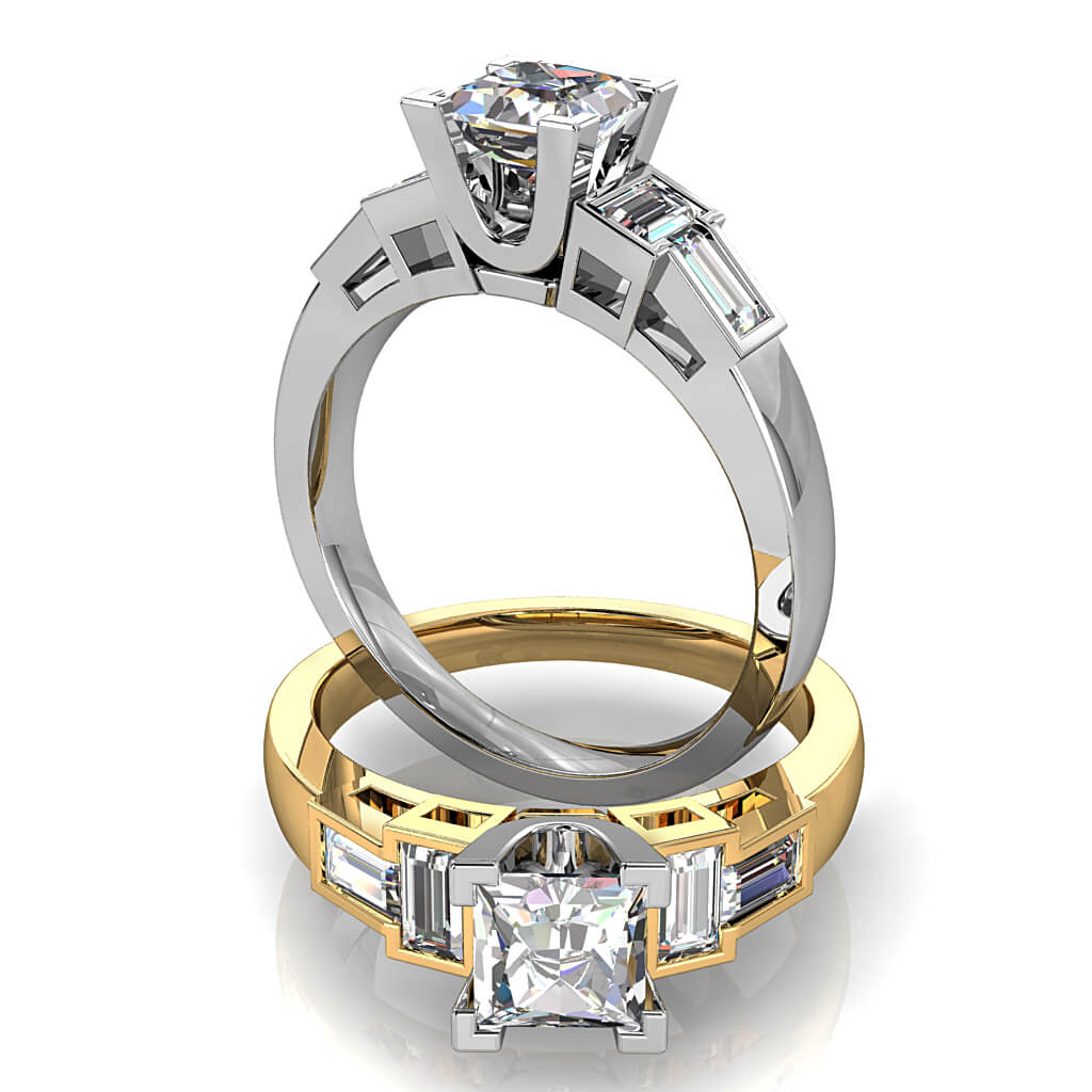 Princess Cut Trilogy Diamond Engagement Ring, with Baguette Side Stones.