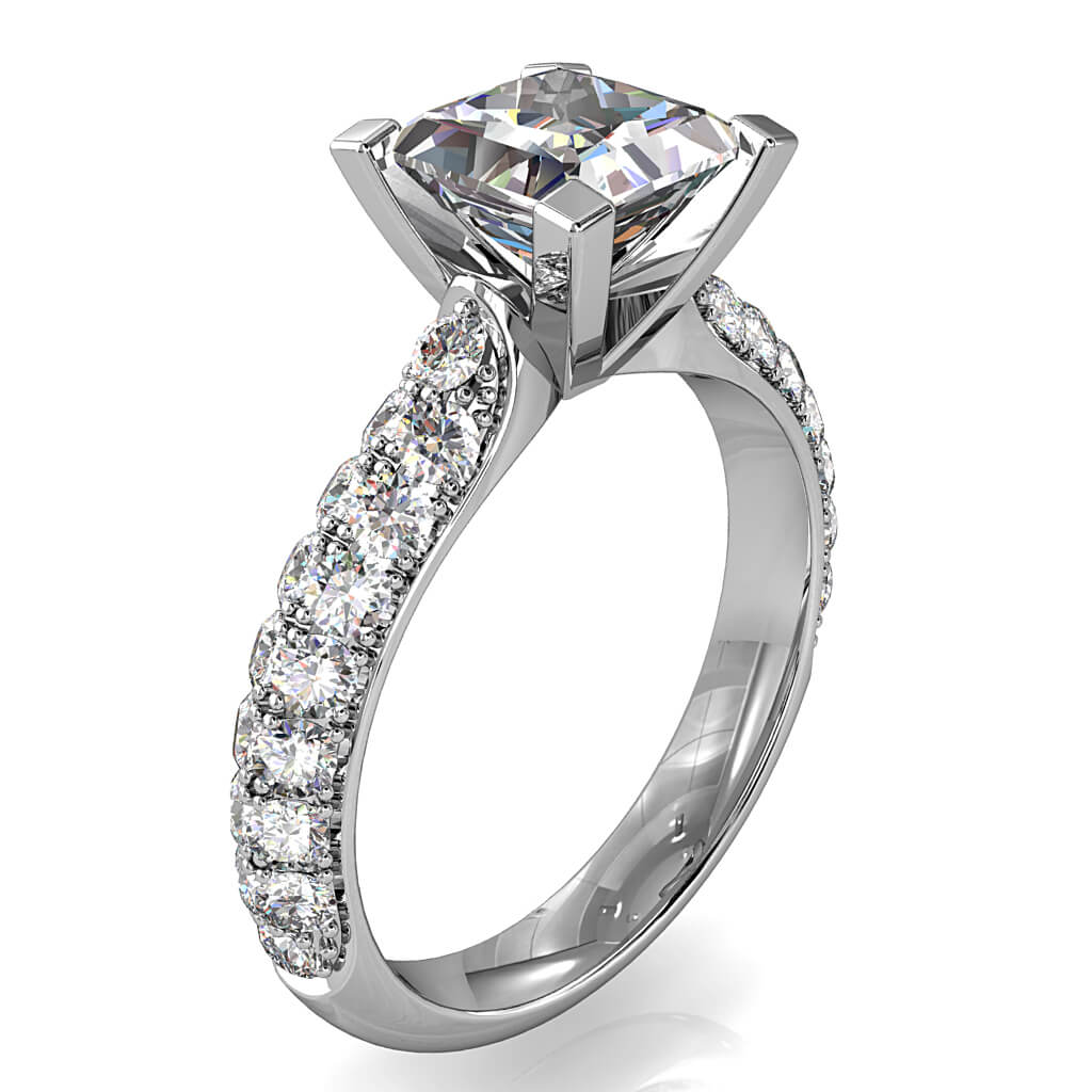 Princess Cut Solitaire Diamond Engagement Ring, 4 Square Claws with a Pave Set Band.