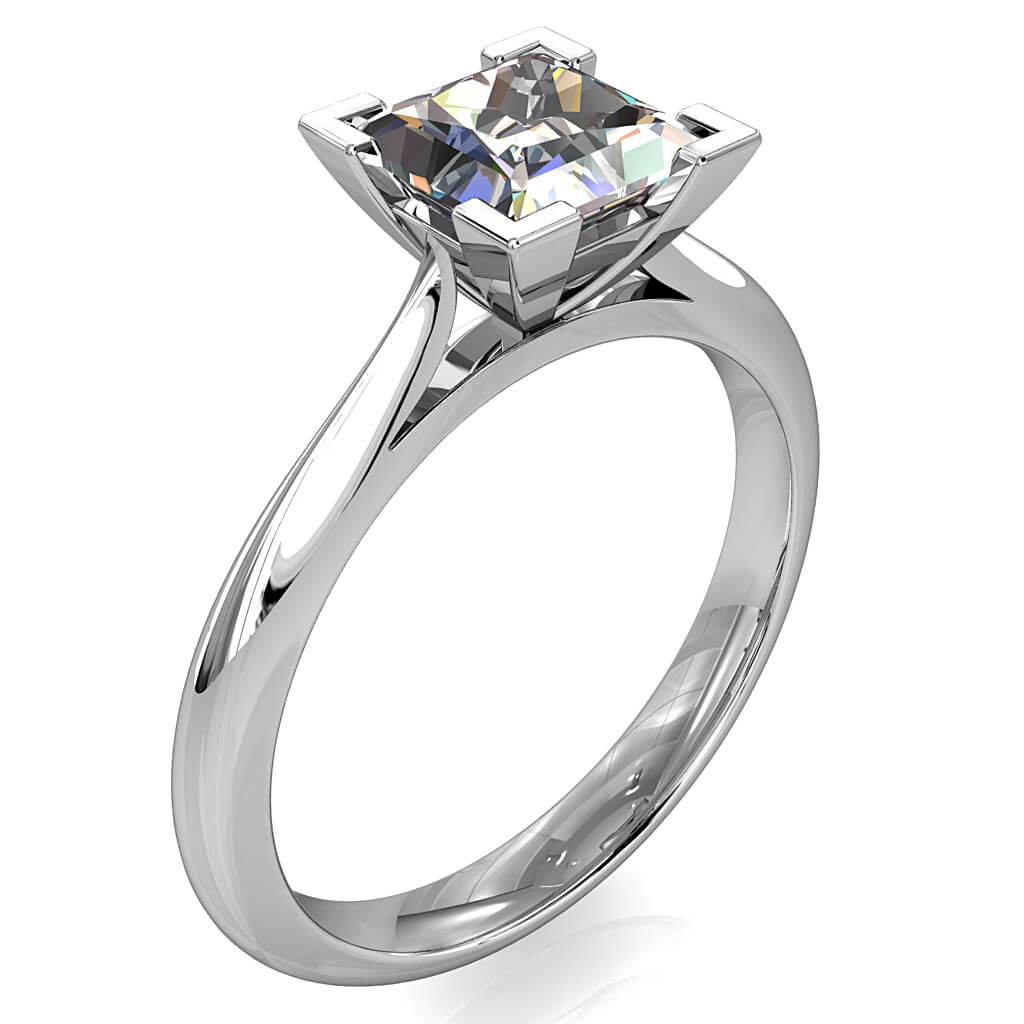 Princess Cut Solitaire Diamond Engagement Ring, 4 Corner Claws on a Tapered Band with a Classic Underrail Setting.
