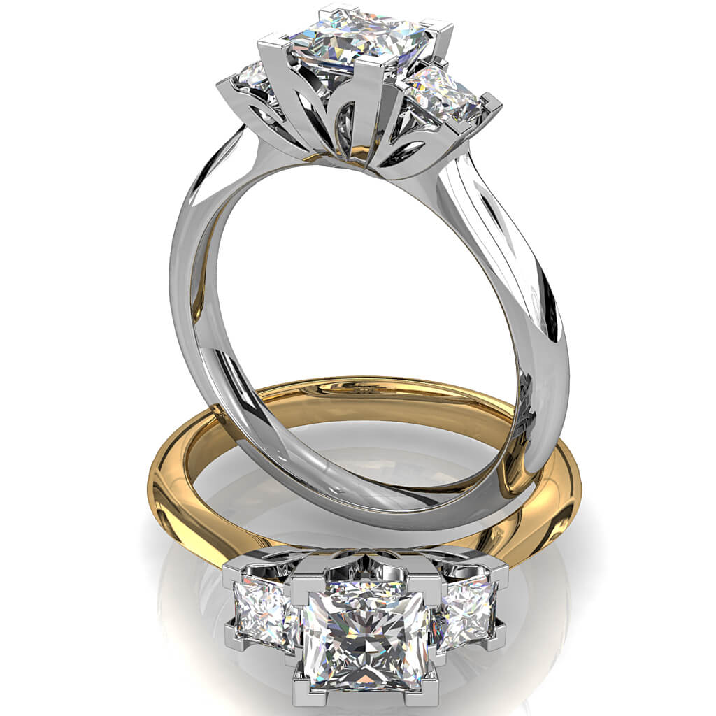 PrincessCut Trilogy Diamond Engagement Ring, on a Knife Edge Band with Lotus Side Details.