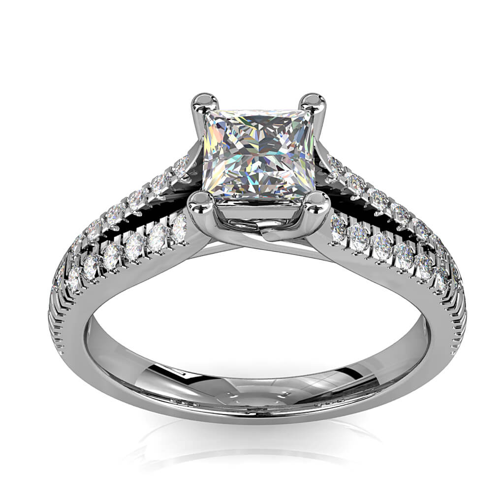 Princess Cut Solitaire Diamond Engagement Ring, 4 Claw Set on a Diamond Set Split Band with an Undersweep Setting.