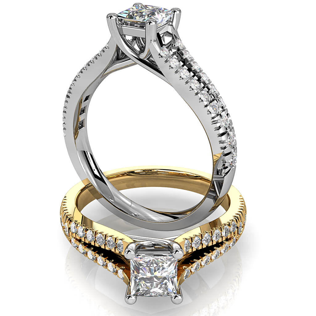 Princess Cut Solitaire Diamond Engagement Ring, 4 Claw Set on a Diamond Set Split Band with an Undersweep Setting.